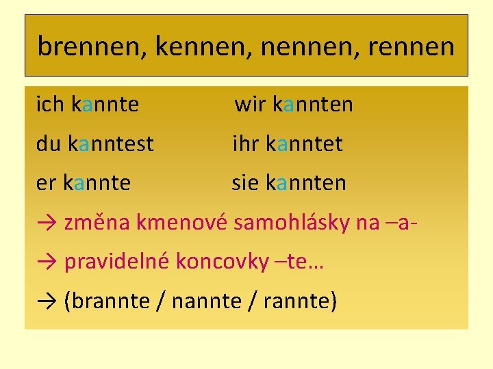 brennen, kennen, nennen, rennen ich kannte wir kannten du kanntest ihr kanntet er kannte
