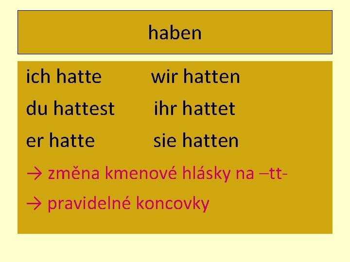 haben ich hatte du hattest er hatte wir hatten ihr hattet sie hatten →