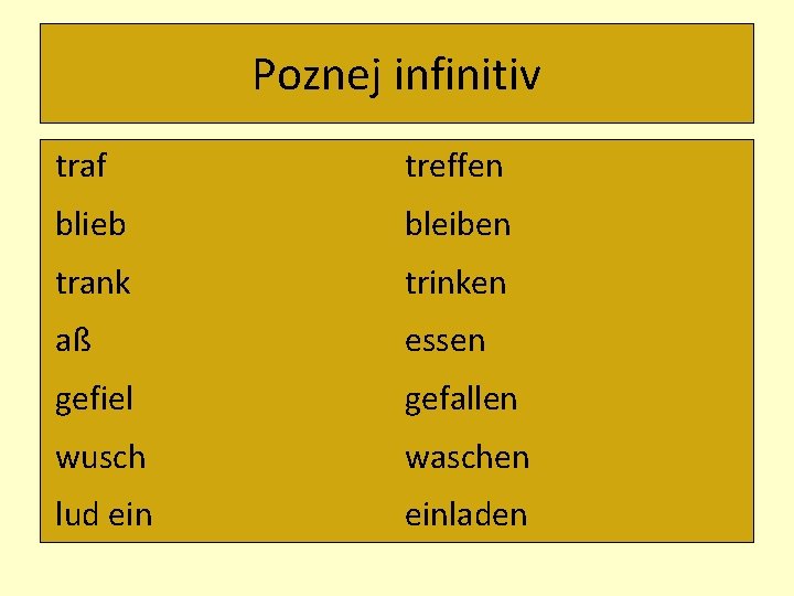 Poznej infinitiv traf treffen blieb bleiben trank trinken aß essen gefiel gefallen wusch waschen