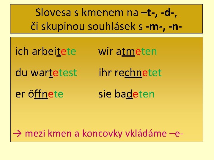 Slovesa s kmenem na –t-, -d-, či skupinou souhlásek s -m-, -nich arbeitete wir