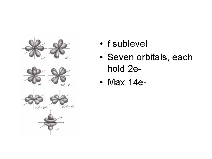 • f sublevel • Seven orbitals, each hold 2 e • Max 14 • f sublevel • Seven orbitals, each hold 2 e • Max 14