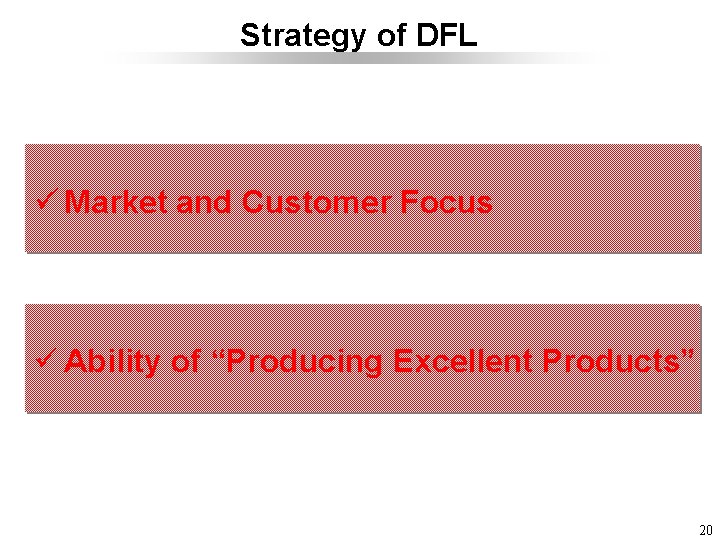 Strategy of DFL ü Market and Customer Focus ü Ability of “Producing Excellent Products”