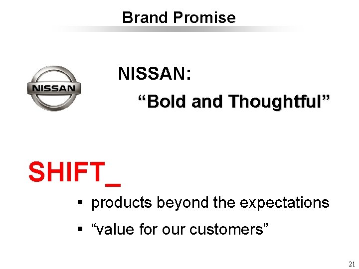 Brand Promise NISSAN: “Bold and Thoughtful” SHIFT_ § products beyond the expectations § “value