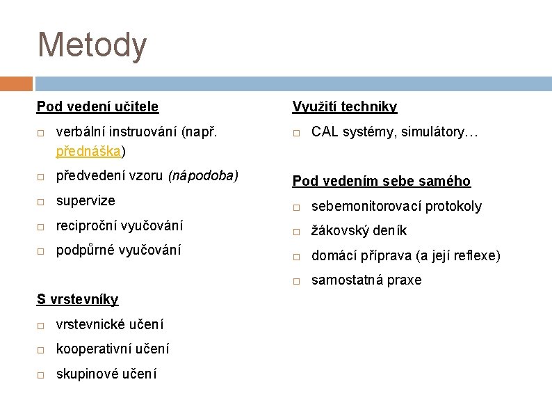 Metody Pod vedení učitele verbální instruování (např. přednáška) Využití techniky CAL systémy, simulátory… předvedení