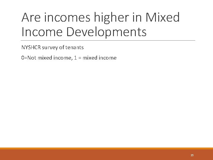 Are incomes higher in Mixed Income Developments NYSHCR survey of tenants 0=Not mixed income, Are incomes higher in Mixed Income Developments NYSHCR survey of tenants 0=Not mixed income,