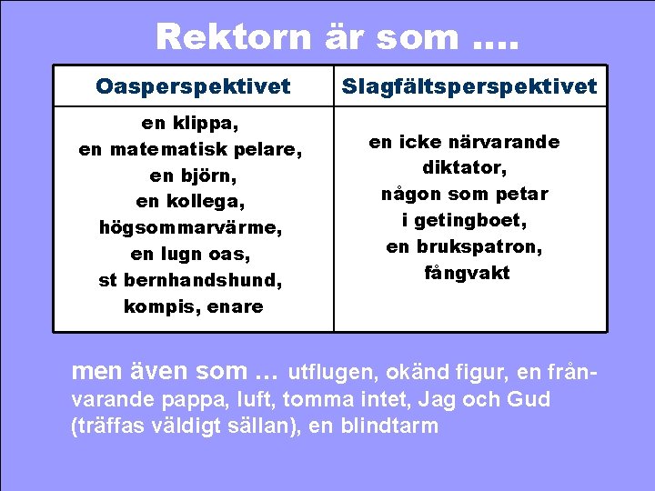 Rektorn är som …. Oasperspektivet Slagfältsperspektivet en klippa, en matematisk pelare, en björn, en