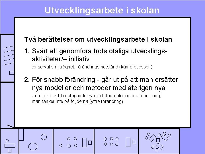 Utvecklingsarbete i skolan Två berättelser om utvecklingsarbete i skolan 1. Svårt att genomföra trots