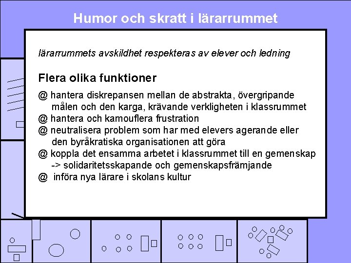 Humor och skratt i lärarrummets avskildhet respekteras av elever och ledning Flera olika funktioner