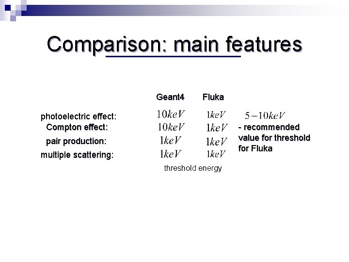 Comparison: main features Geant 4 Fluka photoelectric effect: Compton effect: - recommended value for
