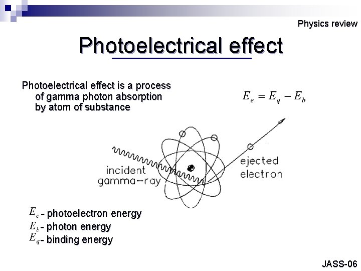 Physics review Photoelectrical effect is a process of gamma photon absorption by atom of