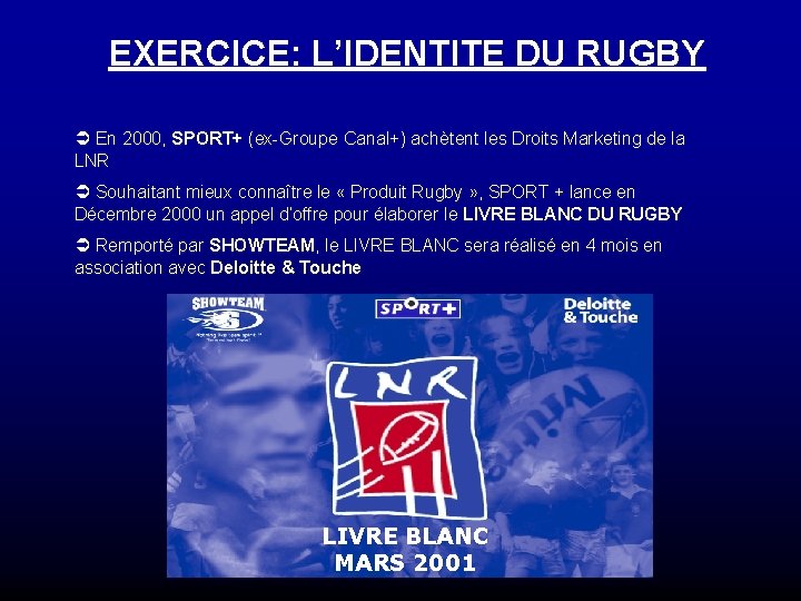 EXERCICE: L’IDENTITE DU RUGBY Ü En 2000, SPORT+ (ex-Groupe Canal+) achètent les Droits Marketing