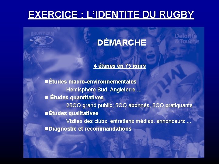 EXERCICE : L’IDENTITE DU RUGBY DÉMARCHE 4 étapes en 75 jours nÉtudes macro-environnementales Hémisphère