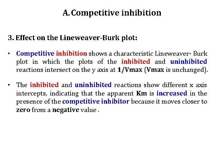 A. Competitive inhibition 3. Effect on the Lineweaver-Burk plot: • Competitive inhibition shows a