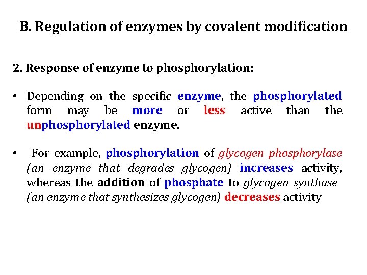 B. Regulation of enzymes by covalent modification 2. Response of enzyme to phosphorylation: •
