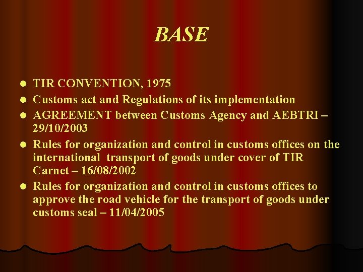 BASE l l l TIR CONVENTION, 1975 Customs act and Regulations of its implementation