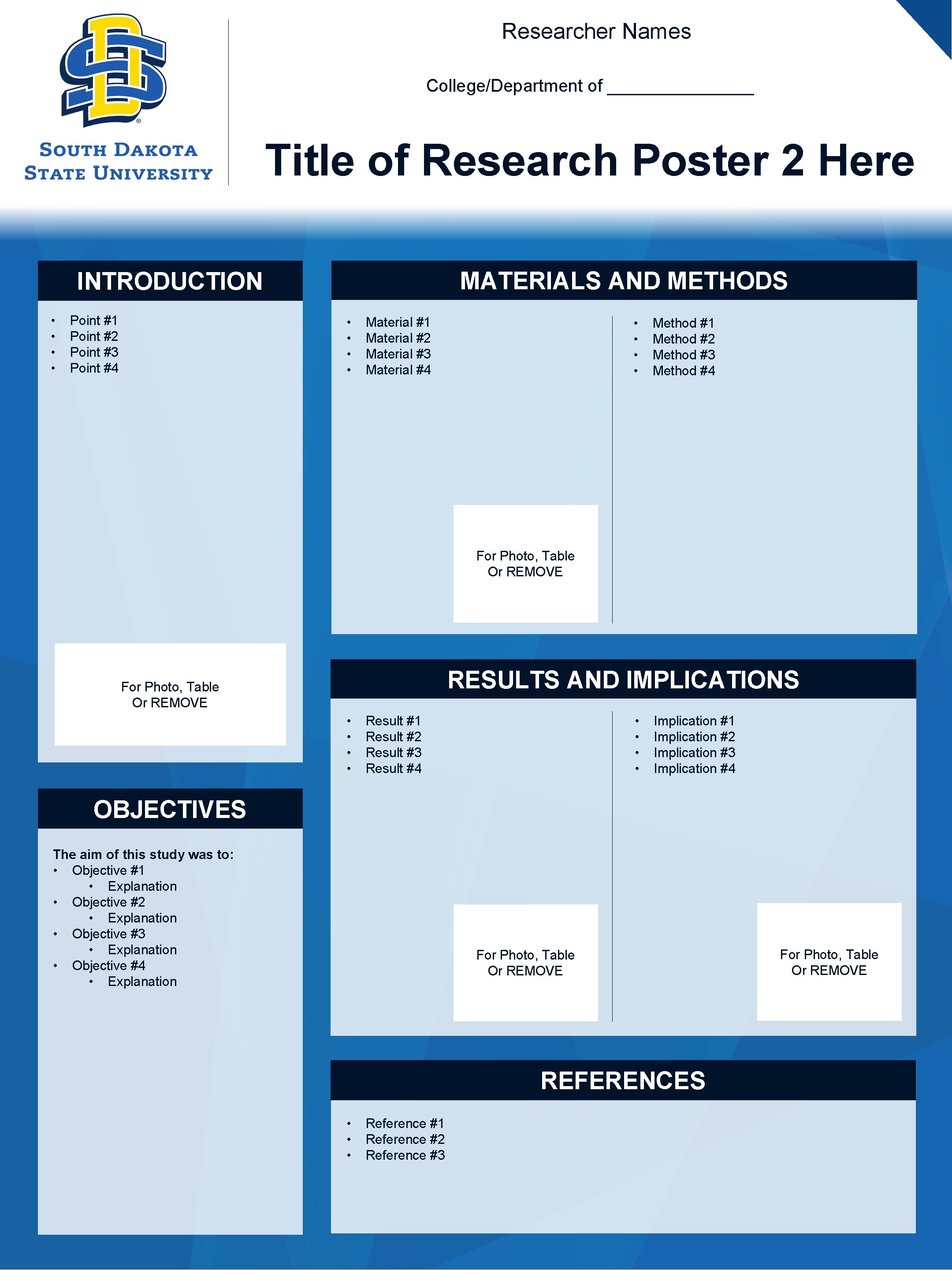 Researcher Names College/Department of ________ Title of Research Poster 2 Here MATERIALS AND METHODS