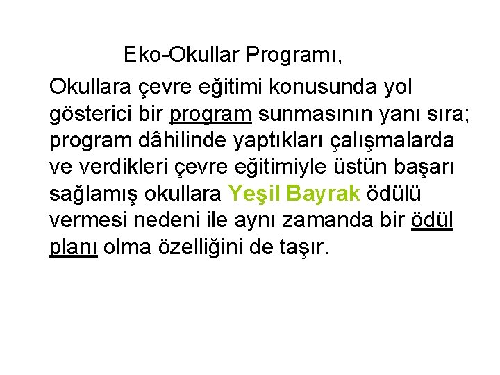  Eko-Okullar Programı, Okullara çevre eğitimi konusunda yol gösterici bir program sunmasının yanı sıra;