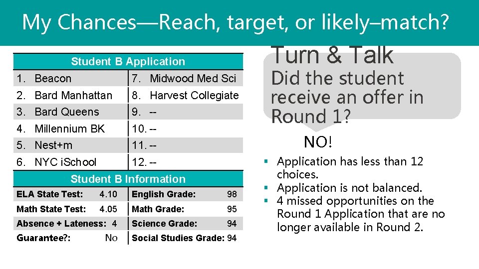 My Chances—Reach, target, or likely–match? Turn & Talk Student B Application 1. 2. 3.