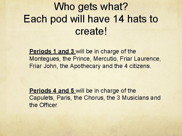 Who gets what? Each pod will have 14 hats to create! Periods 1 and