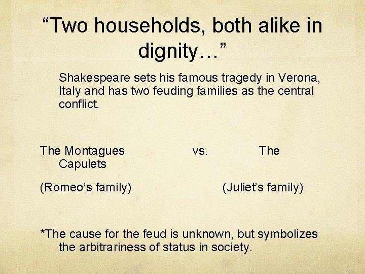 “Two households, both alike in dignity…” Shakespeare sets his famous tragedy in Verona, Italy