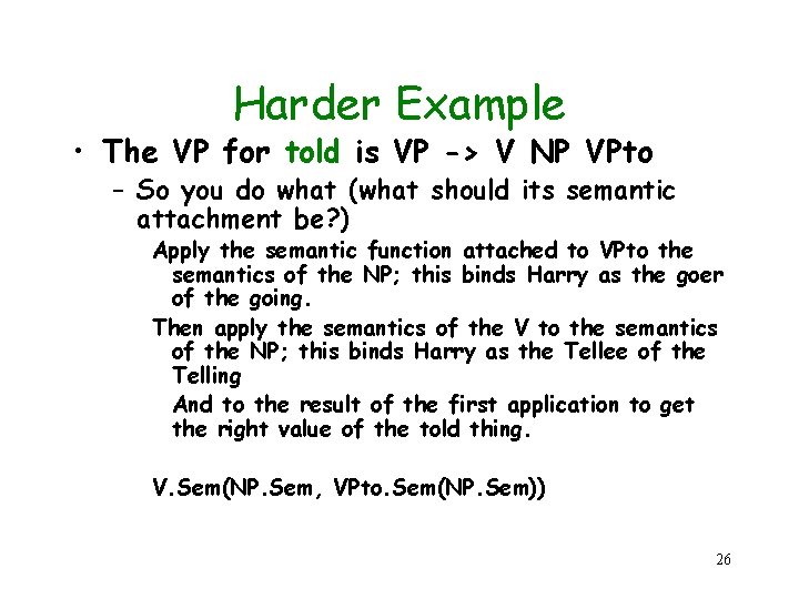 Harder Example • The VP for told is VP -> V NP VPto –