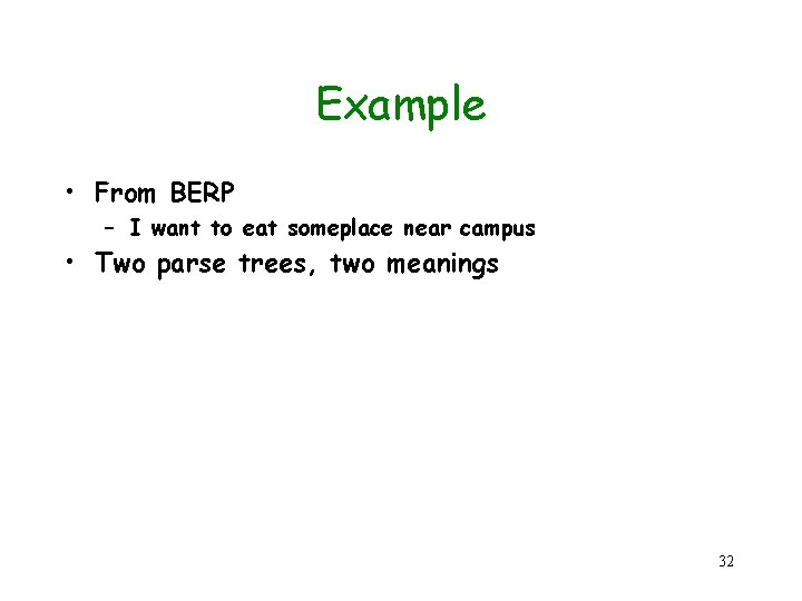 Example • From BERP – I want to eat someplace near campus • Two