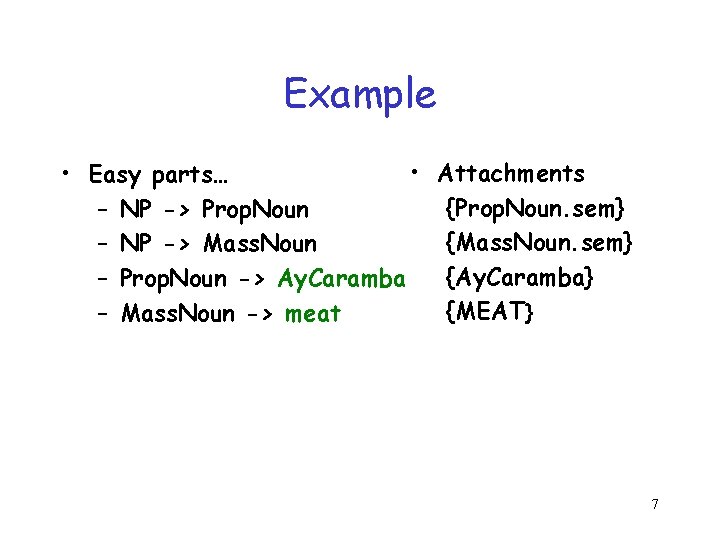 Example • Attachments • Easy parts… {Prop. Noun. sem} – NP -> Prop. Noun