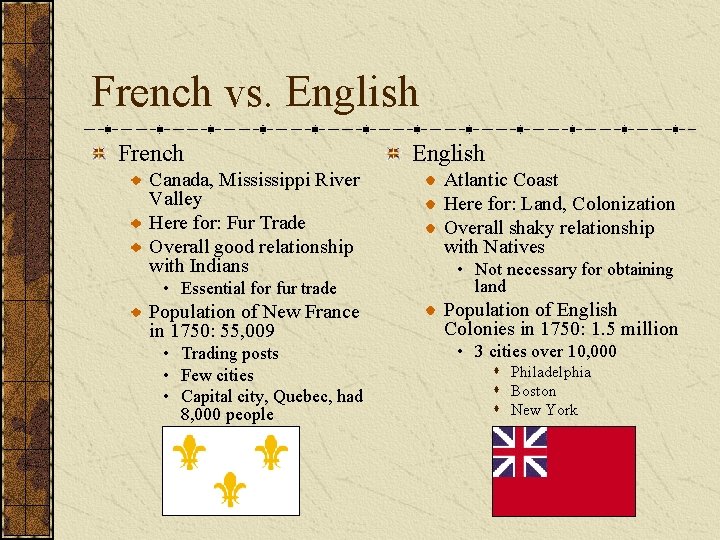 French vs. English French Canada, Mississippi River Valley Here for: Fur Trade Overall good