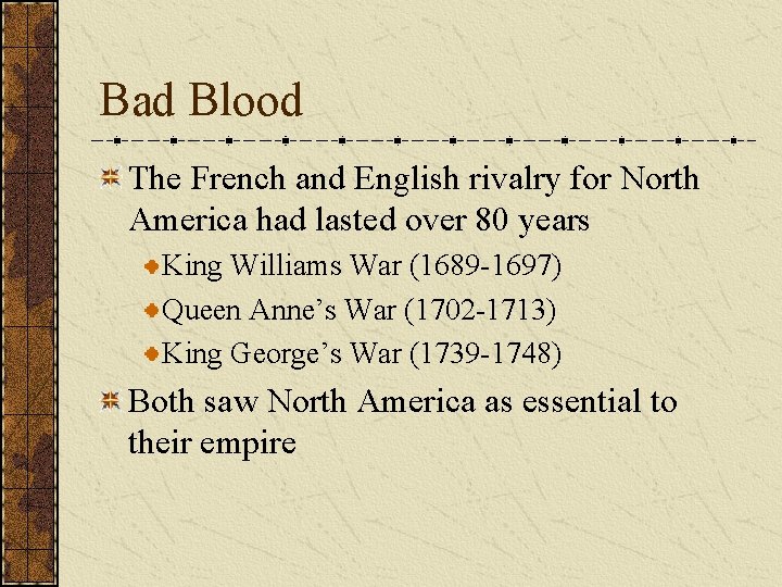 Bad Blood The French and English rivalry for North America had lasted over 80