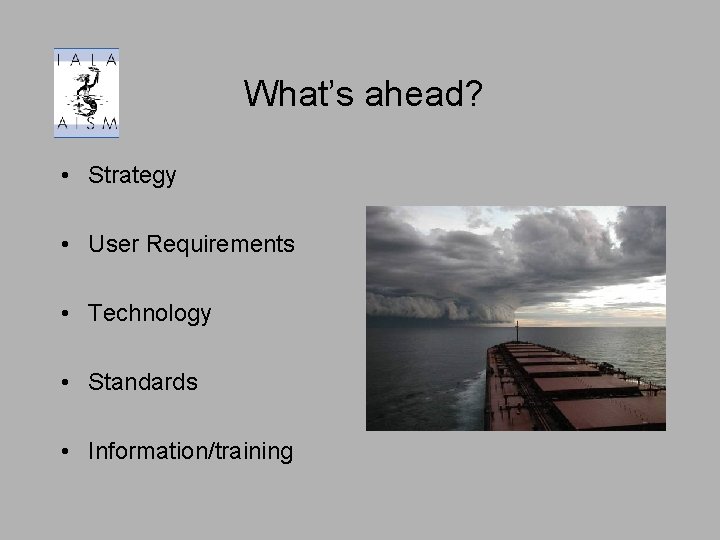 What’s ahead? • Strategy • User Requirements • Technology • Standards • Information/training 