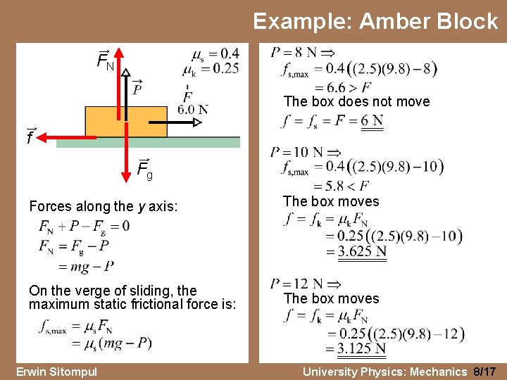 Example: Amber Block → FN The box does not move → f → Fg