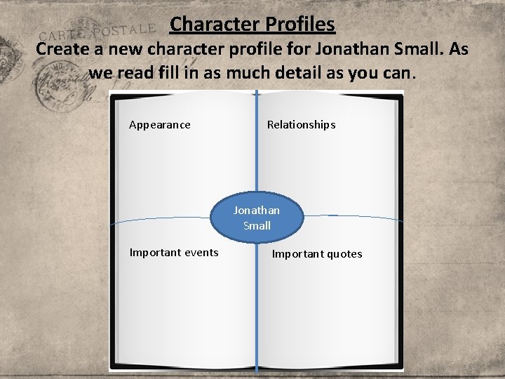 Character Profiles Create a new character profile for Jonathan Small. As we read fill