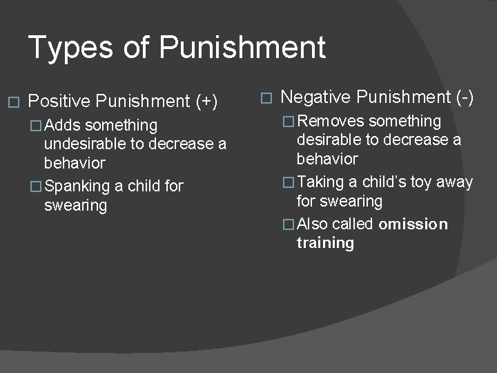 Types of Punishment � Positive Punishment (+) �Adds something undesirable to decrease a behavior