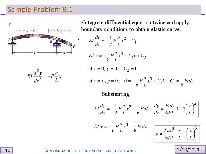Sample Problem 9. 1 • Integrate differential equation twice and apply boundary conditions to Sample Problem 9. 1 • Integrate differential equation twice and apply boundary conditions to