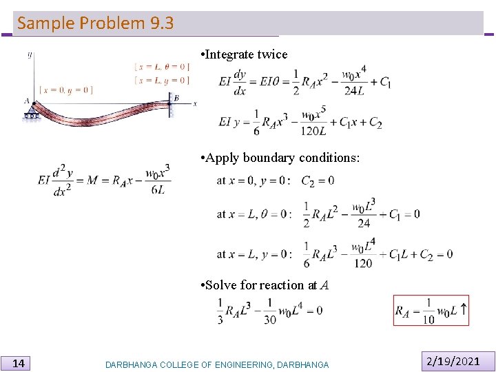 Sample Problem 9. 3 • Integrate twice • Apply boundary conditions: • Solve for Sample Problem 9. 3 • Integrate twice • Apply boundary conditions: • Solve for