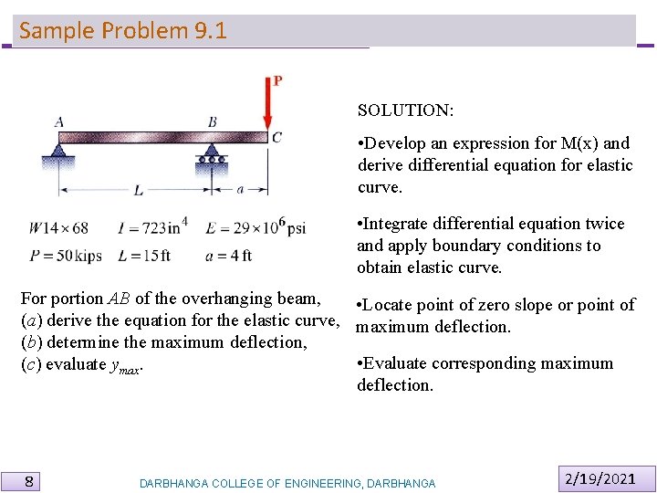 Sample Problem 9. 1 SOLUTION: • Develop an expression for M(x) and derive differential Sample Problem 9. 1 SOLUTION: • Develop an expression for M(x) and derive differential