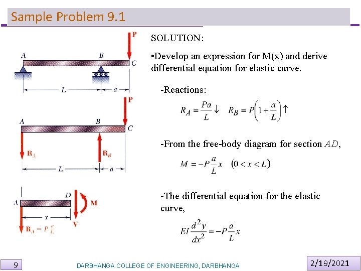 Sample Problem 9. 1 SOLUTION: • Develop an expression for M(x) and derive differential Sample Problem 9. 1 SOLUTION: • Develop an expression for M(x) and derive differential
