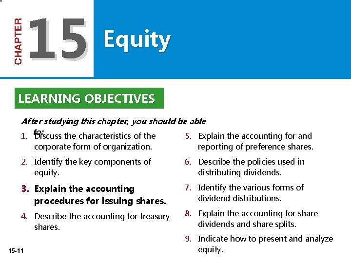 15 Equity LEARNING OBJECTIVES After studying this chapter, you should be able 1. to: