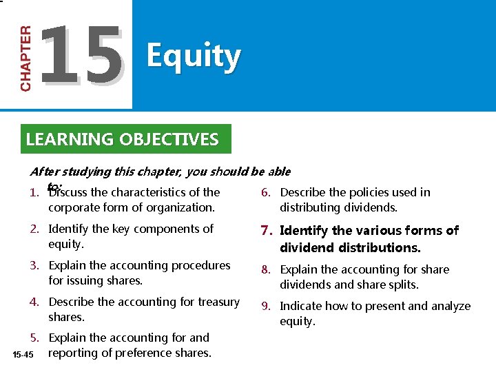 15 Equity LEARNING OBJECTIVES After studying this chapter, you should be able 1. to: