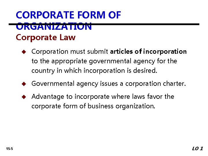 CORPORATE FORM OF ORGANIZATION Corporate Law u Corporation must submit articles of incorporation to