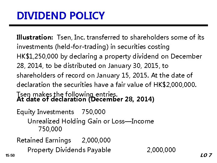 DIVIDEND POLICY Illustration: Tsen, Inc. transferred to shareholders some of its investments (held-for-trading) in