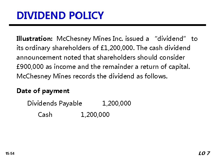 DIVIDEND POLICY Illustration: Mc. Chesney Mines Inc. issued a “dividend” to its ordinary shareholders