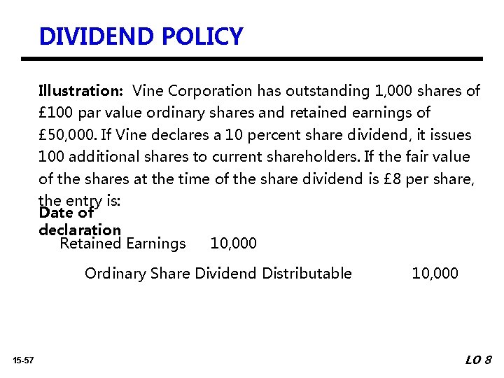 DIVIDEND POLICY Illustration: Vine Corporation has outstanding 1, 000 shares of £ 100 par