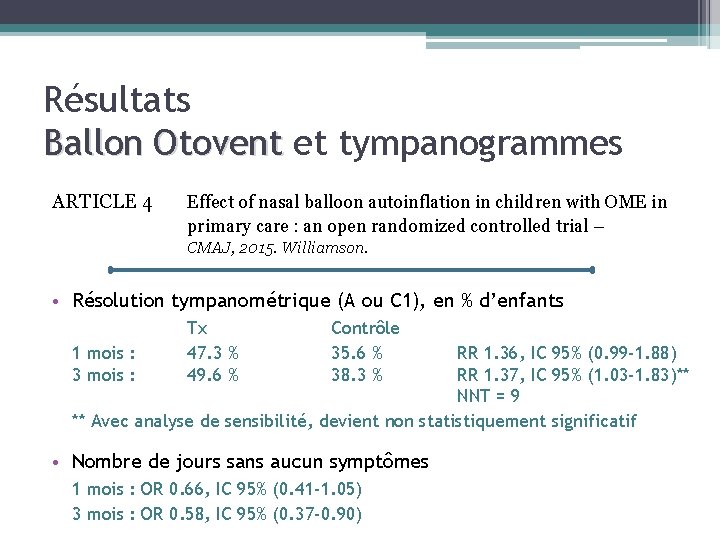 Résultats Ballon Otovent et tympanogrammes ARTICLE 4 Effect of nasal balloon autoinflation in children