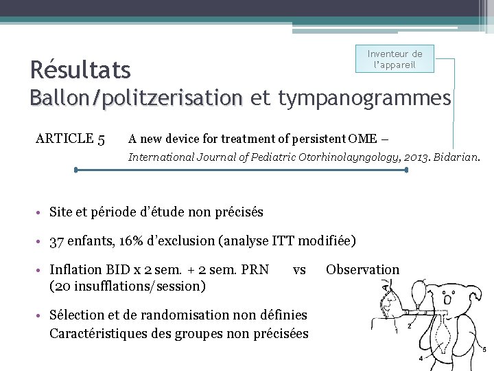 Inventeur de l’appareil Résultats Ballon/politzerisation et tympanogrammes ARTICLE 5 A new device for treatment