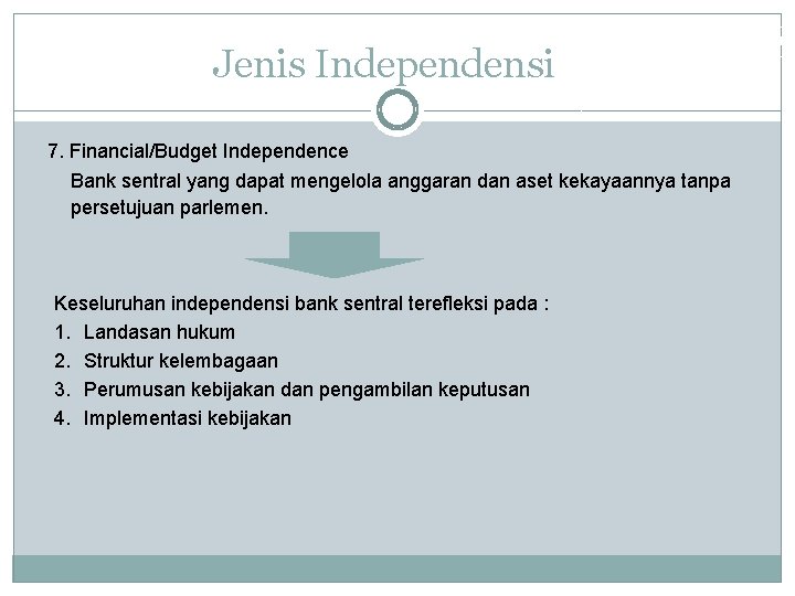 Jenis Independensi 7. Financial/Budget Independence Bank sentral yang dapat mengelola anggaran dan aset kekayaannya