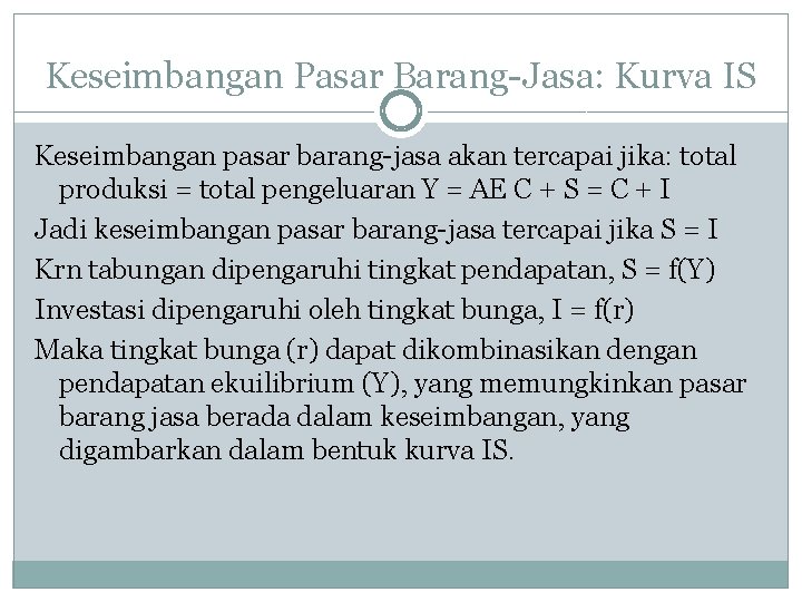 Keseimbangan Pasar Barang-Jasa: Kurva IS Keseimbangan pasar barang-jasa akan tercapai jika: total produksi =