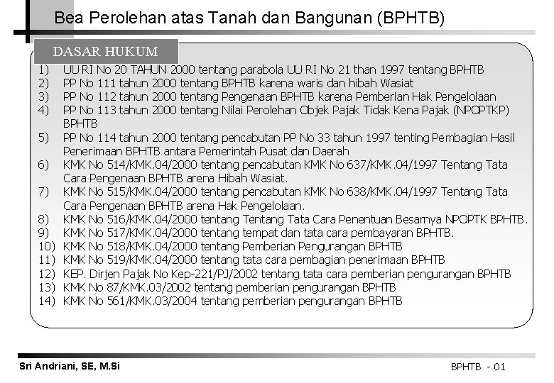 Bea Perolehan atas Tanah dan Bangunan (BPHTB) DASAR HUKUM 1) 2) 3) 4) 5)