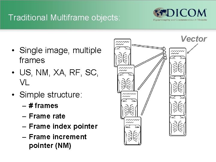 Traditional Multiframe objects: Vector • Single image, multiple frames • US, NM, XA, RF,