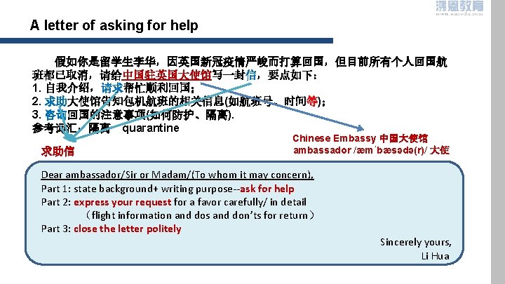 A letter of asking for help 假如你是留学生李华，因英国新冠疫情严峻而打算回国，但目前所有个人回国航 班都已取消，请给中国驻英国大使馆写一封信，要点如下： 1. 自我介绍，请求帮忙顺利回国； 2. 求助大使馆告知包机航班的相关信息(如航班号、时间等)； 3. 咨询回国的注意事项(如何防护、隔离).